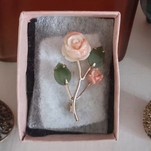Coral Roses & Jade Leafing Vintage Brooch
